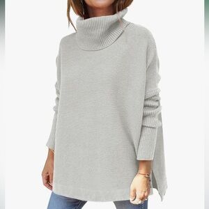 Women's Light Gray Turtleneck Oversized Chunky Knit Sweater Batwing Sweater XS